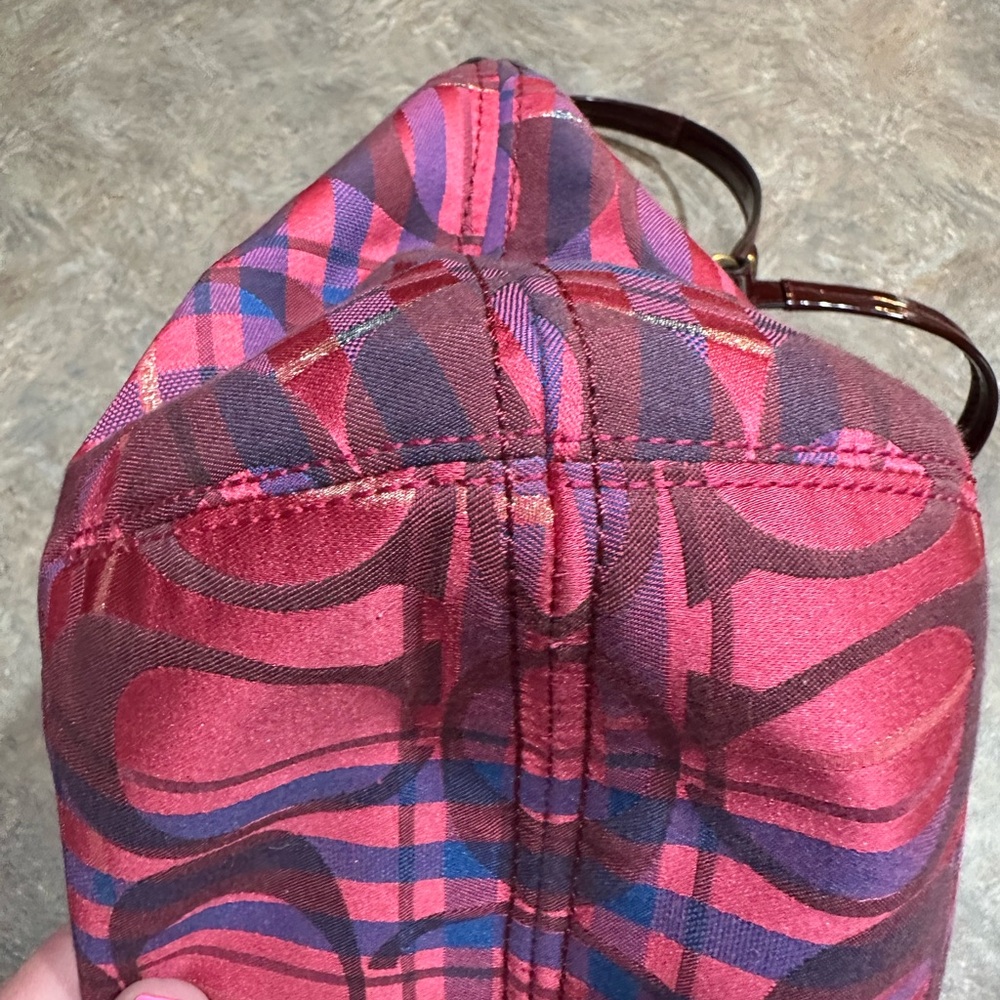 Coach Poppy Plaid Signature Glam Tote Satchel Pink Red Patent Trim EUC - Picture 11 of 11